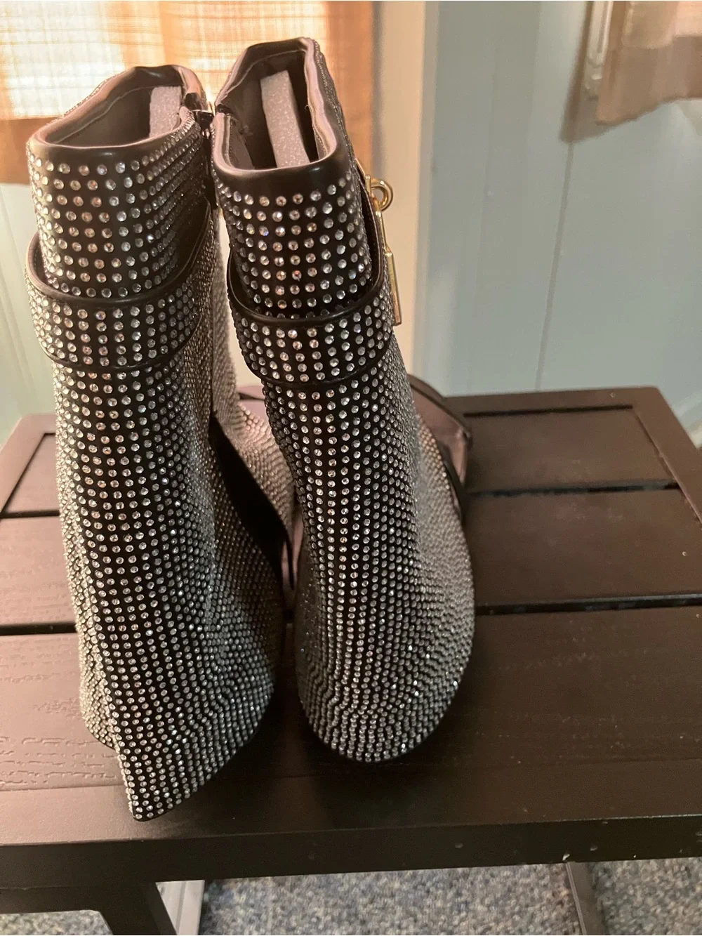 SHEIN Black Rhinestone Mid-Calf Open-Toe Sandal Boots